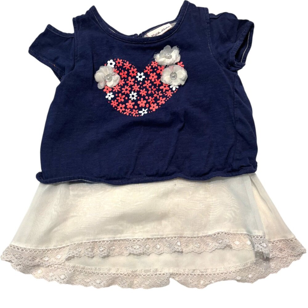 Little Lass girl's blue with lace top peekaboo short sleeves heart flowers sz 5